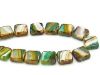 Picture of 10x10 mm, flat square Czech beads, brown-turquoise-lavender striped, 12 pieces