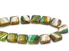 Picture of 10x10 mm, flat square Czech beads, brown-turquoise-lavender striped, 12 pieces