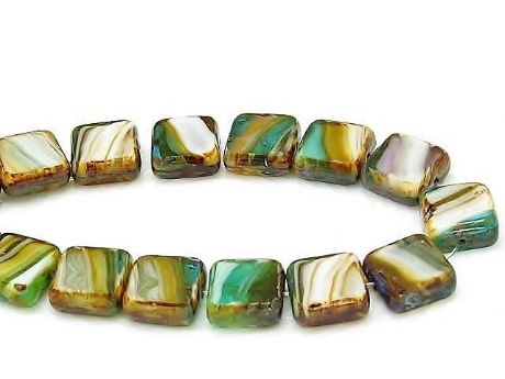 Picture of 10x10 mm, flat square Czech beads, brown-turquoise-lavender striped, 12 pieces