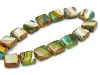 Picture of 10x10 mm, flat square Czech beads, brown-turquoise-lavender striped, 12 pieces