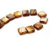 Picture of 10x10 mm, flat square Czech beads, striped cream-caramel-brown, opaque, travertine, 12 pieces