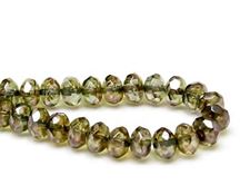 Picture of 6x9 mm, Czech faceted rondelle beads, crystal, transparent, moss green luster