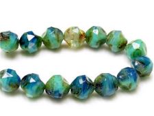 Picture of 8x8 mm, central cut, Czech beads, blue and green-blue, travertine