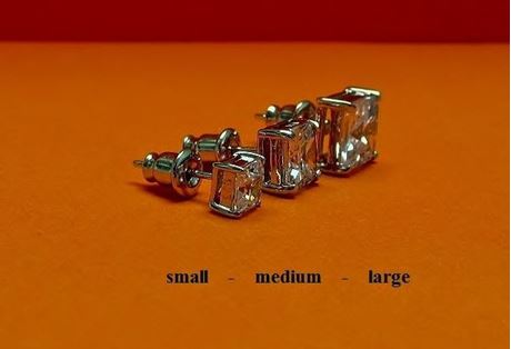 Picture of "Princess cut" stud earrings, sterling silver, square cubic zirconia, medium, 7.7 mm