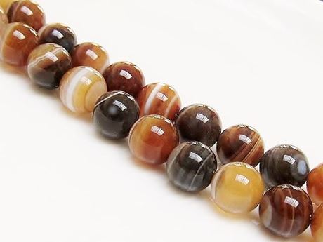 Picture of 10x10 mm, round, gemstone beads, natural striped agate, caramel to deep brown