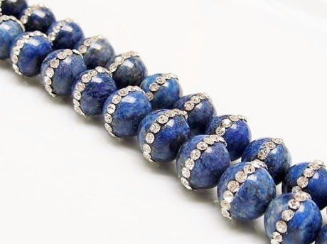 Picture of 10x10 mm, round, gemstone beads, natural lapis lazuli encrusted with a row of crystals