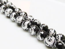 Picture of 10x10 mm, round, gemstone beads, onyx, black, carved silver dragon