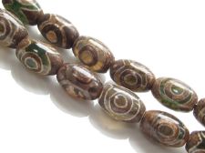 Picture of 12x8 mm, rice, gemstone beads, agate, Tibetan style, variegated green and brown