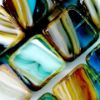 Picture of 10x10 mm, flat square Czech beads, brown-turquoise-lavender striped, 12 pieces