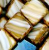 Picture of 10x10 mm, flat square Czech beads, striped cream-caramel-brown, opaque, travertine, 12 pieces